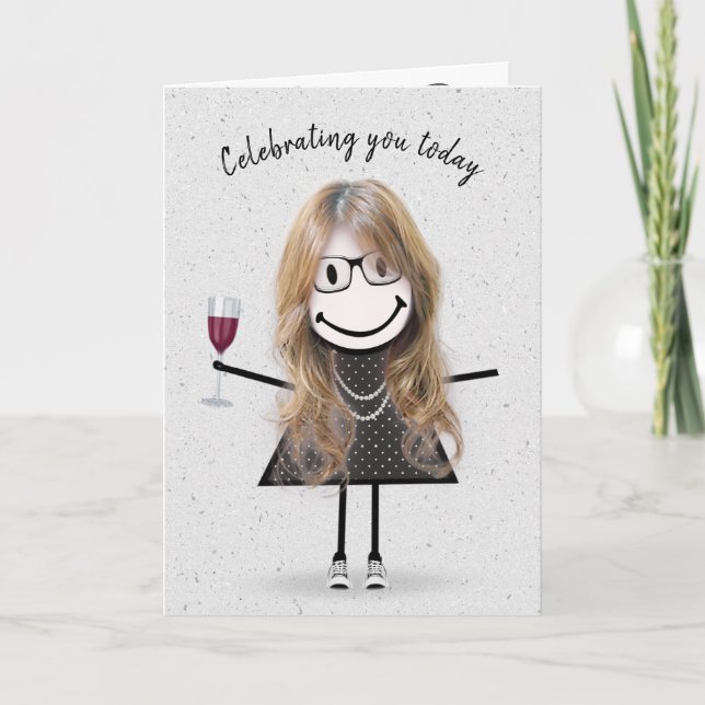 Stick Figure Birthday Girl with Red Wine Card (Front)