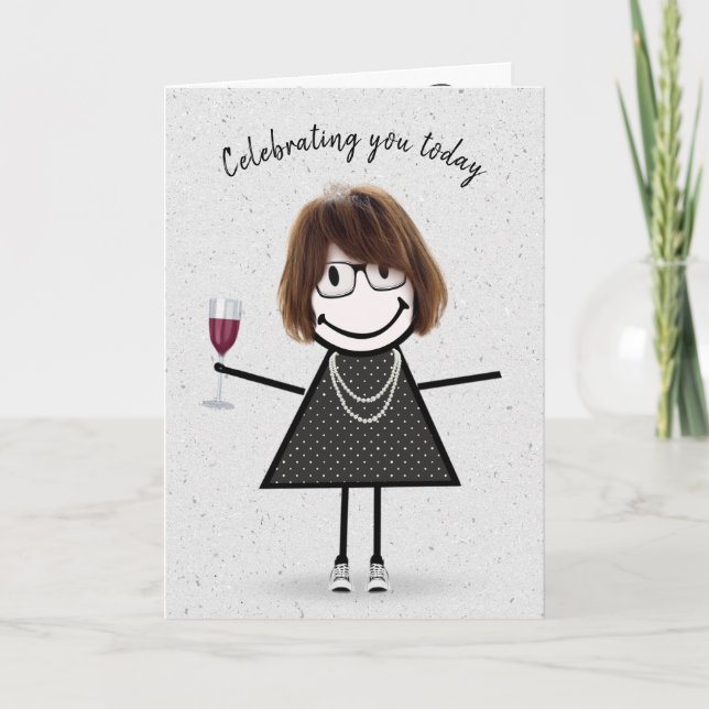 Stick Figure Birthday Girl with Red Wine Card (Front)