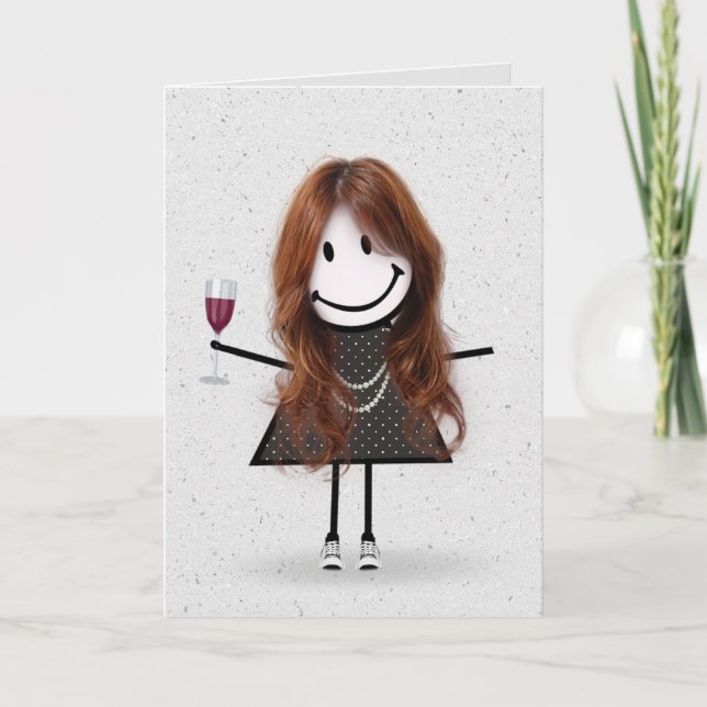 Stick Figure Birthday Girl with Wine Card (Front)