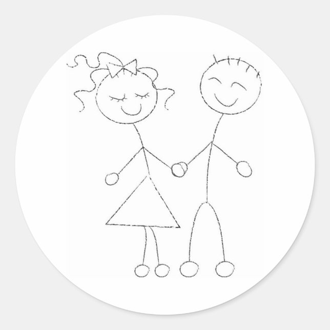Stick Figure Boy and Girl Classic Round Sticker (Front)