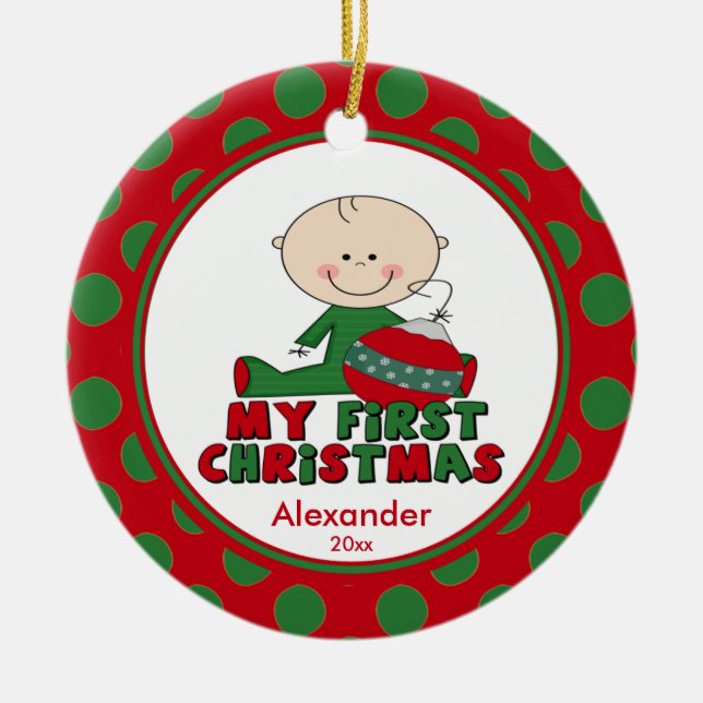 Stick Figure Boy Baby's First Christmas Ornament (Front)