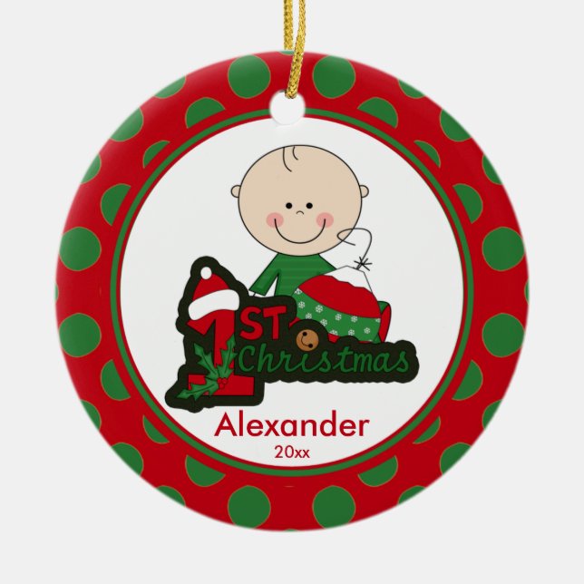 Stick Figure Boy Baby's First Christmas Ornament (Front)