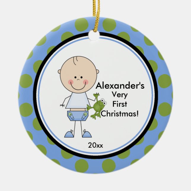 Stick Figure Boy Baby's First Christmas Ornament (Front)