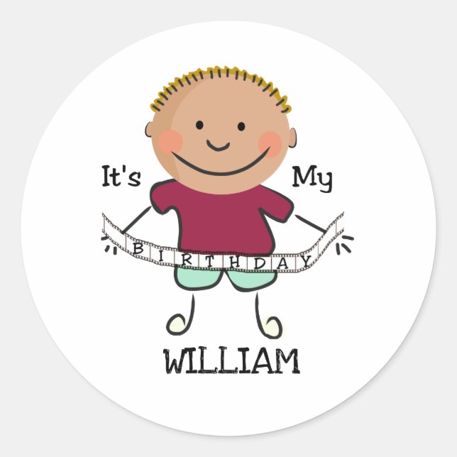 Stick Figure Boy It's My Birthday Classic Round Sticker (Front)