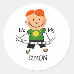 Stick Figure Boy It's My Birthday Classic Round Sticker