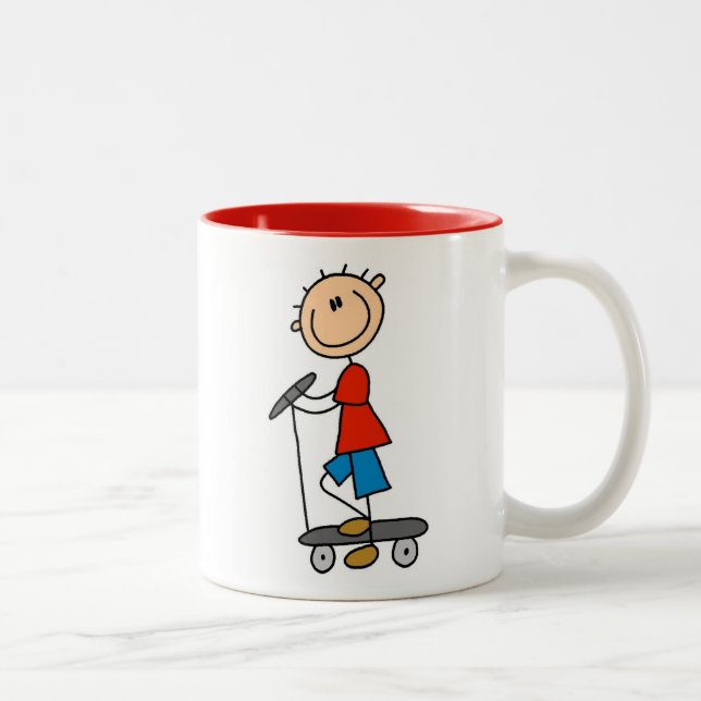 Stick Figure Boy on Scooter Two-Tone Coffee Mug (Right)