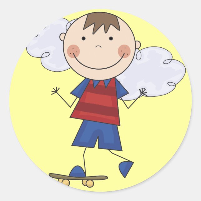 Stick Figure Boy Skateboarder Tshirts and Gifts Classic Round Sticker (Front)