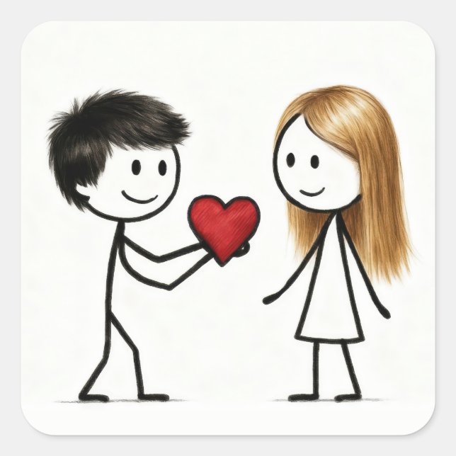 Stick Figure Boy with Red Heart Square Sticker (Front)