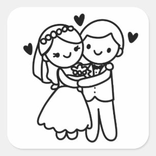 Stick Figure Bride and Groom Embrace Wedding Square Sticker