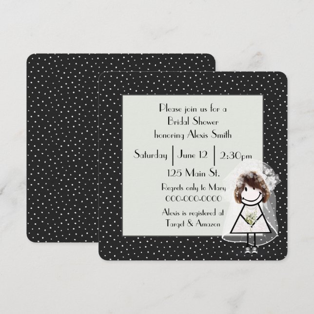 Stick Figure Bride On Polka Dots Invitation (Front/Back)