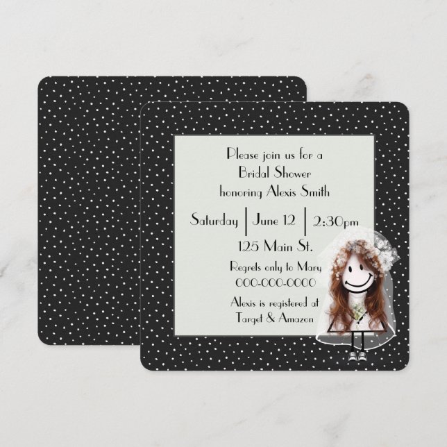 Stick Figure Bride On Polka Dots Invitation (Front/Back)