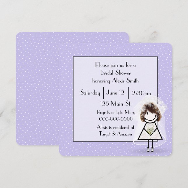 Stick Figure Bride On Purple Polka Dots Invitation (Front/Back)
