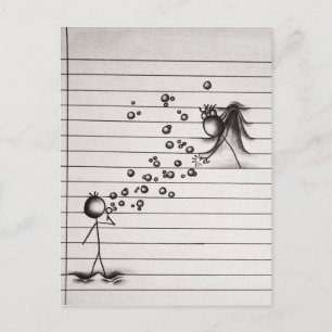 Stick Figure Cartoon Boy Blowing Bubbles to Girl Postcard