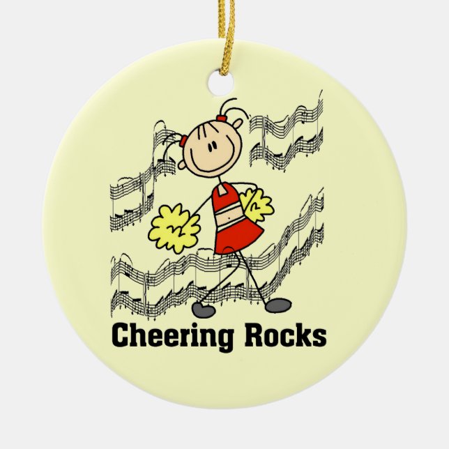 Stick Figure Cheering Rocks T-shirts and Gifts Ceramic Tree Decoration (Front)