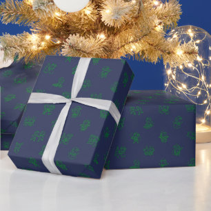 Stick Figure Christmas Cheer Green on Midnight Blu Wrapping Paper