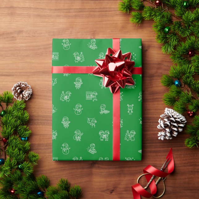 Stick Figure Christmas Cheer White on Green Holida Wrapping Paper (Holiday Gift)