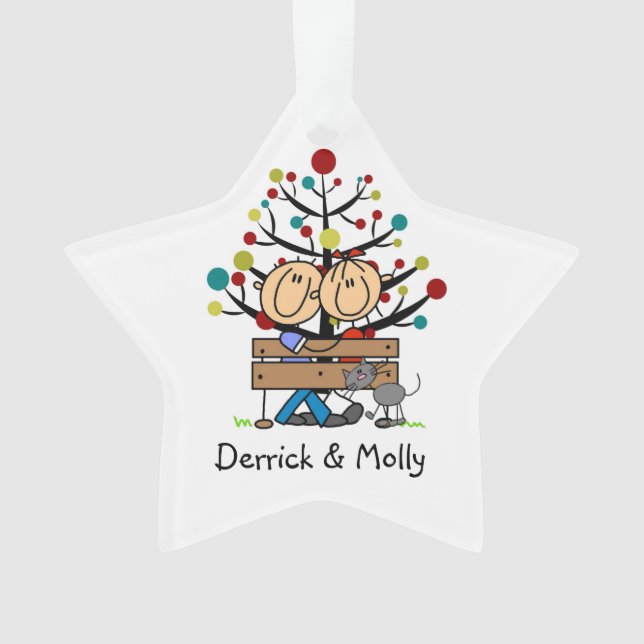 Stick Figure Couple and Cat Holiday Ornament (Front)
