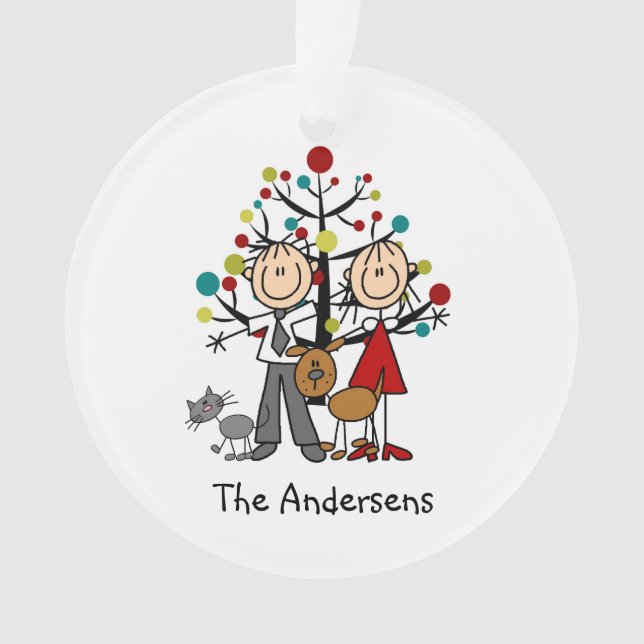 Stick Figure Couple, Cat, Dog Acrylic Ornament (Front)