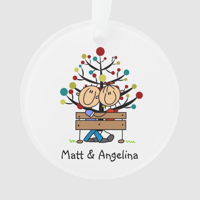 Stick Figure Couple on Bench Holiday Ornament (Front)
