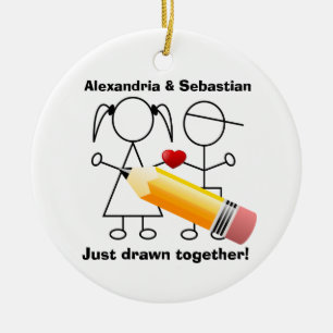 Stick Figure Couple With Heart Drawn Together Ceramic Tree Decoration