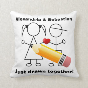 Stick Figure Couple With Heart Drawn Together Cushion