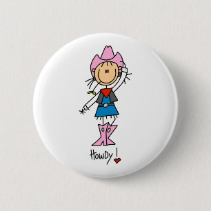 Stick Figure Cowgirl in Pink Hat/Boots Button