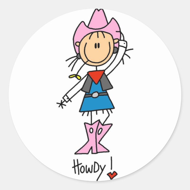Stick Figure Cowgirl T-shirts and Gifts Classic Round Sticker (Front)