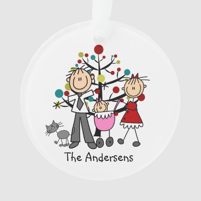 Stick Figure Dad Mum Baby Cat Acrylic Ornament (Front)