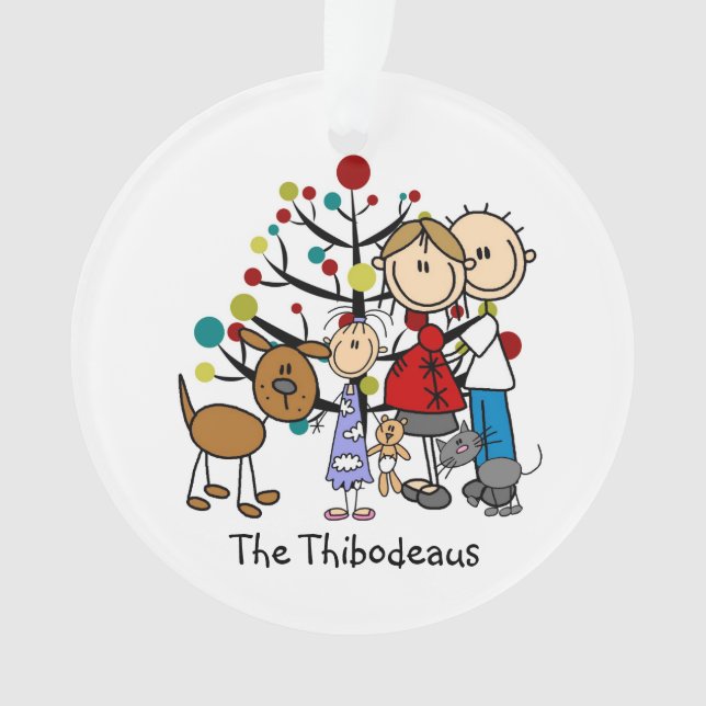 Stick Figure Dad, Mum, Girl, Pets Acrylic Ornament (Front)