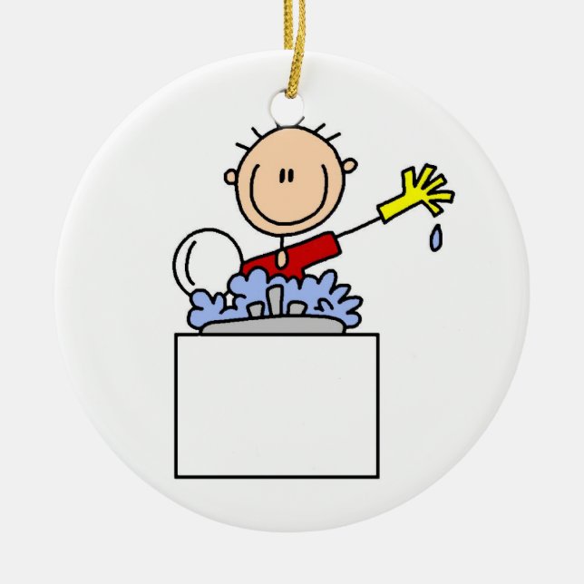 Stick Figure Doing Dishes Ceramic Tree Decoration (Front)