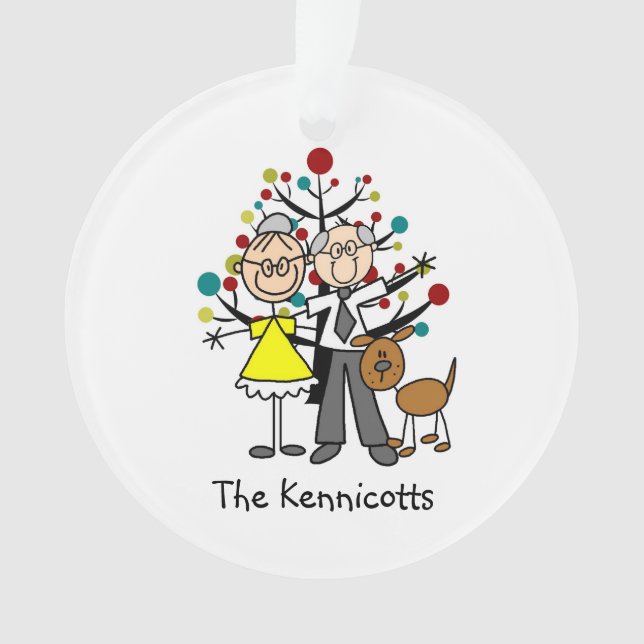 Stick Figure Elderly Couple, Dog Acrylic Ornament (Front)