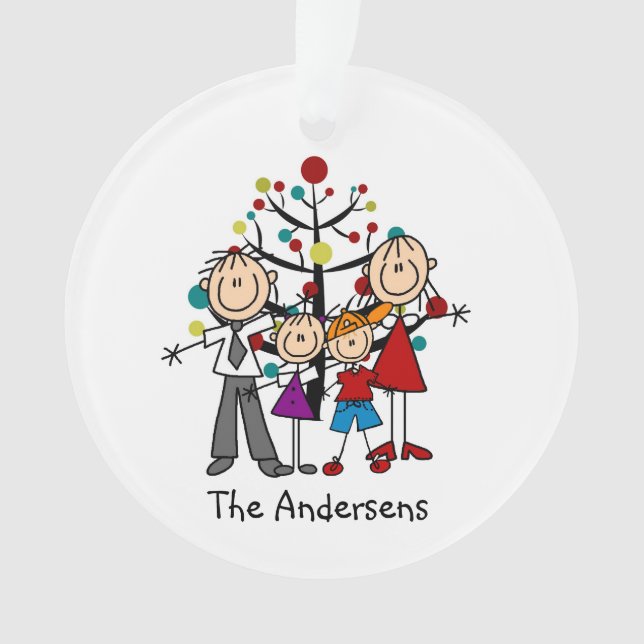 Stick Figure Family of 4 Holiday Acrylic Ornament (Front)