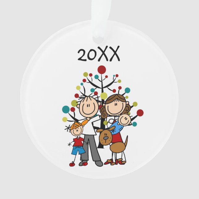 Stick Figure Family of 4 w Dog Acrylic Ornament (Front)