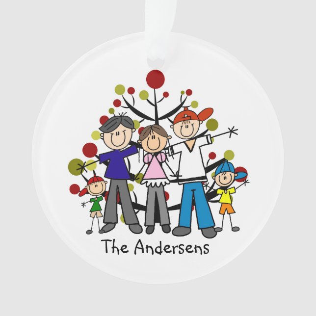 Stick Figure Family of 5 Acrylic Ornament (Front)