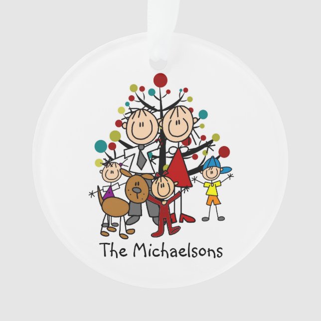 Stick Figure Family of 5 Dog Acrylic Ornament (Front)