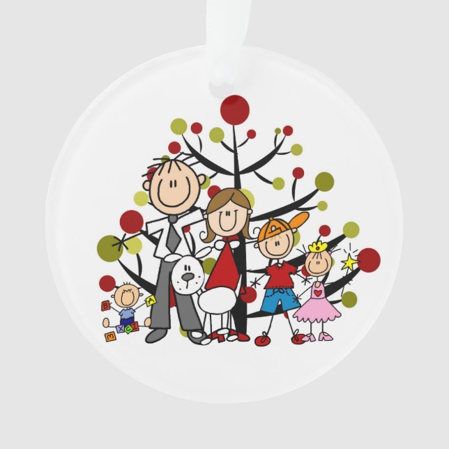 Stick Figure Family of 5 With Dog Acrylic Ornament (Front)