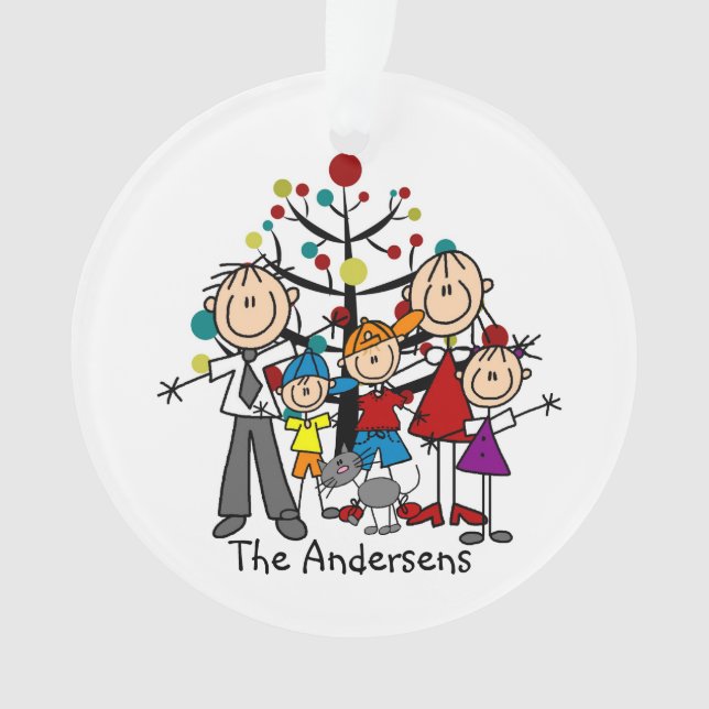 Stick Figure Family of Five w Cat Acrylic Ornament (Front)