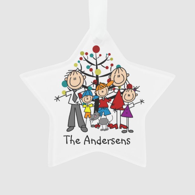 Stick Figure Family of Five w Cat Acrylic Ornament (Front)