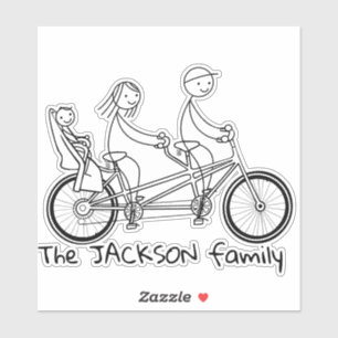 Stick figure family on tandem bike with baby seat 