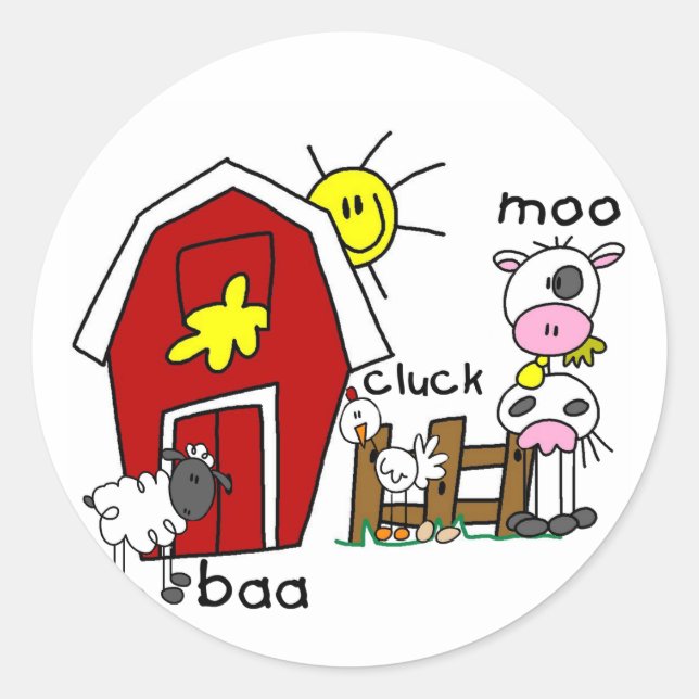 Stick Figure Farm Animals Tshirts and Gifts Classic Round Sticker (Front)