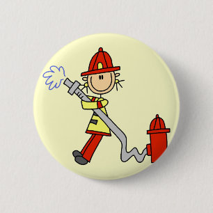 Stick Figure Firefighter with Hose 6 Cm Round Badge