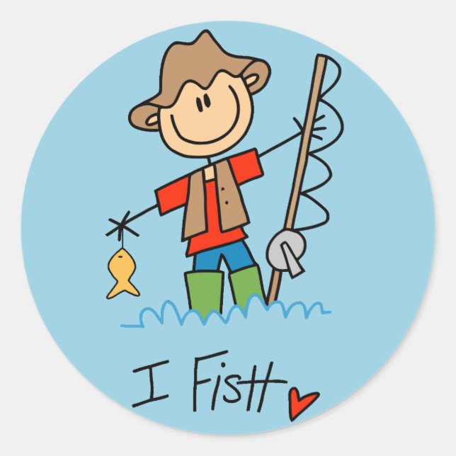 Stick Figure Fisherman Classic Round Sticker (Front)