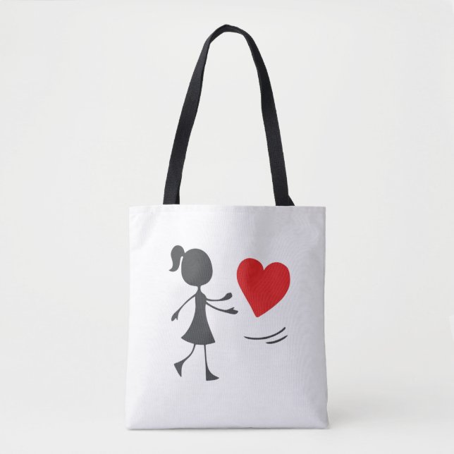 Stick Figure Girl Catching Heart Graphic Tee Tote Bag (Front)