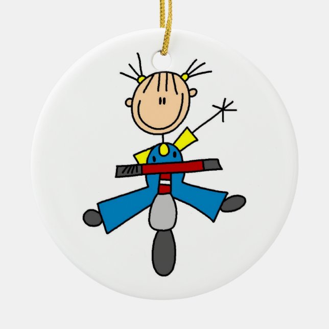 Stick Figure Girl Driving a Scooter Ceramic Tree Decoration (Front)