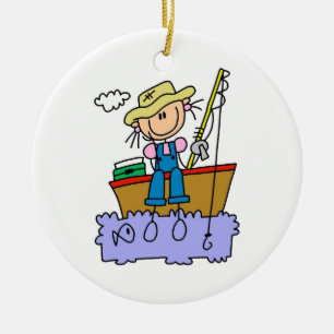 Stick Figure Girl Fishing Ceramic Tree Decoration