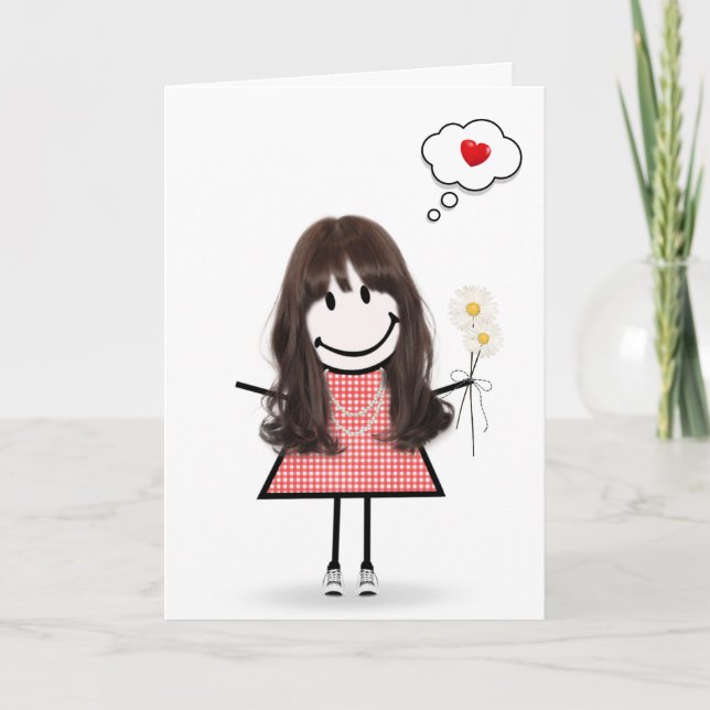 Stick Figure Girl Gingham Dress Thinking of You  Card (Front)