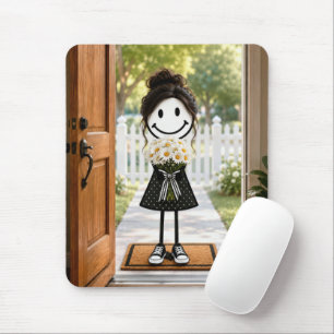 Stick Figure Girl Holding a Daisy Bouquet Mouse Mat