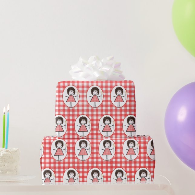 Stick Figure Girl In Sneakers on Gingham Wrapping Paper (Party Gifts)