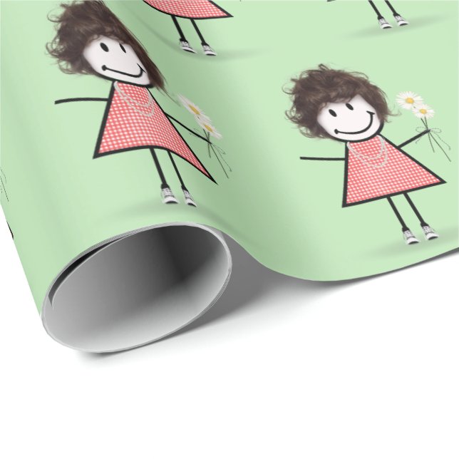 Stick Figure Girl in Sneakers on Green Wrapping Paper (Roll Corner)