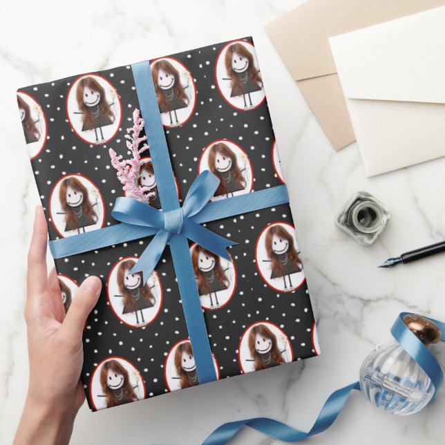 Stick Figure Girl in Sneakers on Polka Dots Wrapping Paper (Gifting)